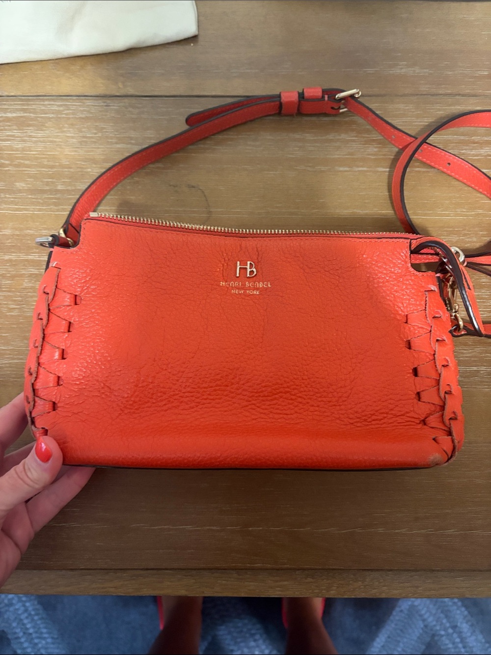 henri bendel Orange Leather Crossbody with Whipstitch Detail